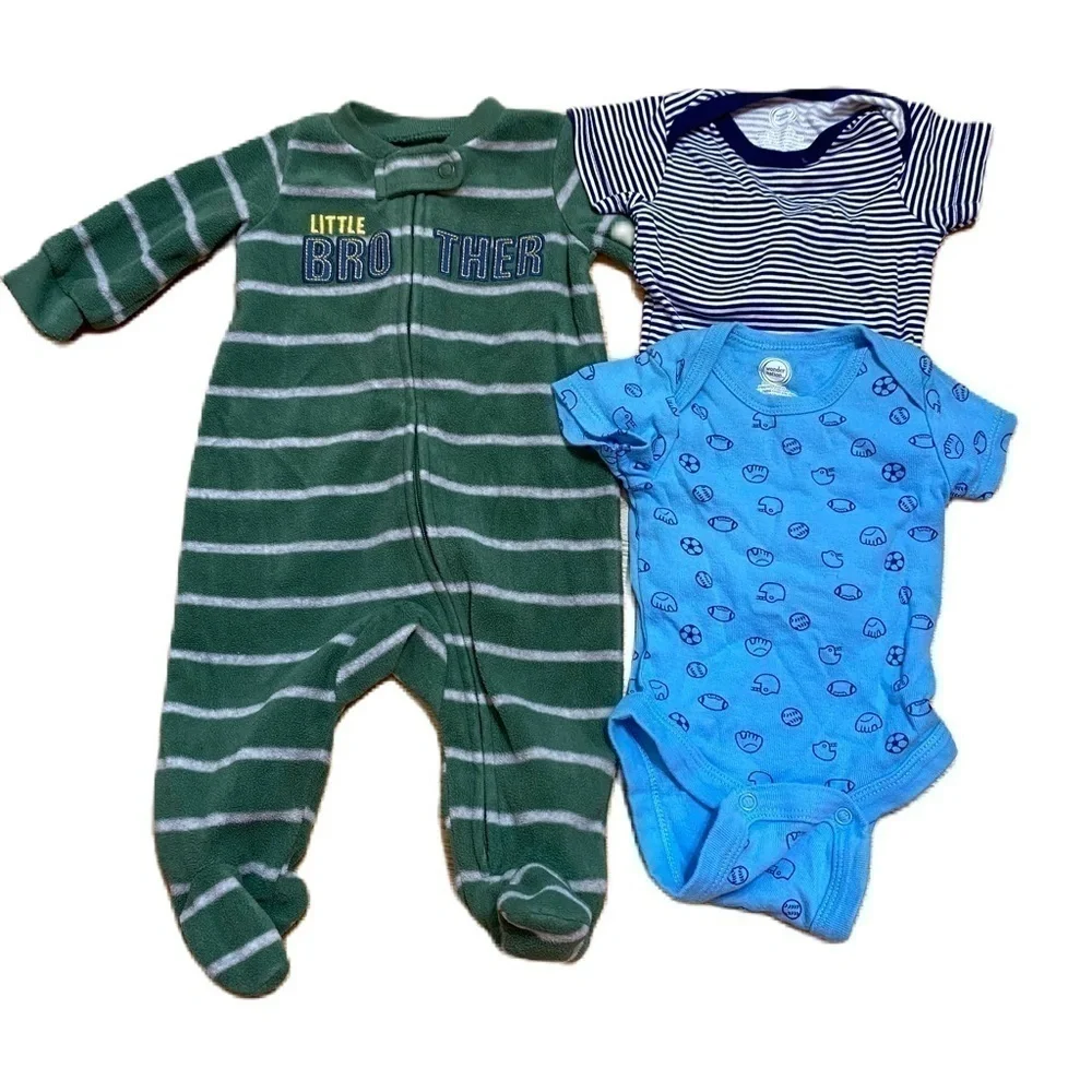 Newborn Boys Onesie Footed Pajama Bundle Little Brother Green Sports Blue